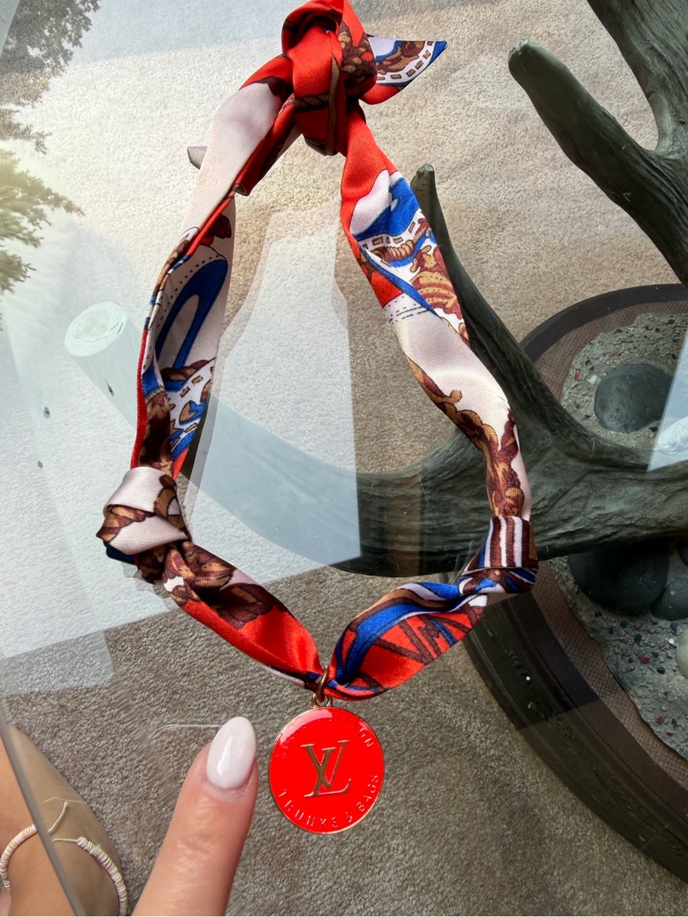 Louis Vuitton LV Trunk Tag Pendant Silk Scarf Necklace